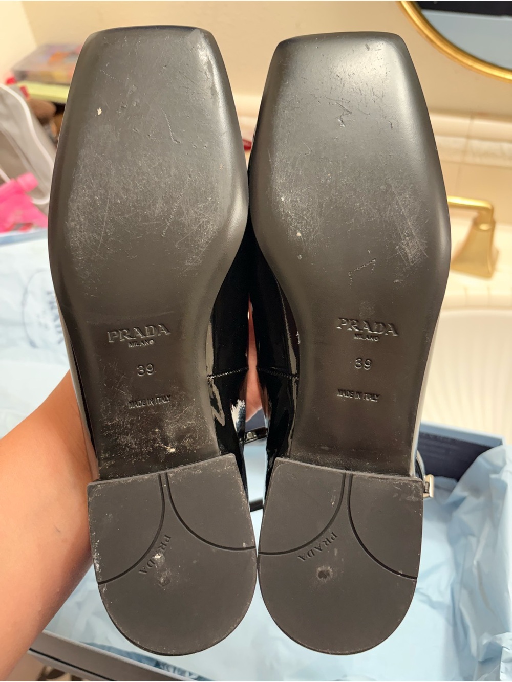 (USED) Prada Black Patent Leather Square-Toe Ankle-Strap flats with Logo - Picture 6 of 7